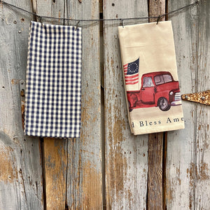 Set of "God Bless America" Tea Towels with navy stripes and red farm truck with American flag.