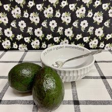 Load image into Gallery viewer, Guacamole Dip Bowl in white with black lettering and serving spoon.
