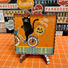 Load image into Gallery viewer, Halloween Framed Art print with black cat bike tricks.