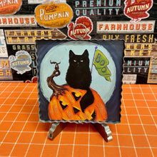 Load image into Gallery viewer, Halloween Framed Art print with black cat.