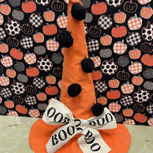 Load image into Gallery viewer, Orange Halloween hat with black pom poms and BOO bow