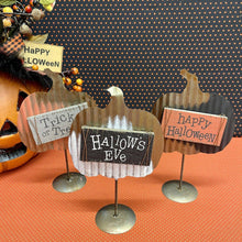 Load image into Gallery viewer, Metal pumpkins on stands with Halloween message signs