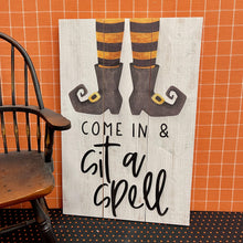 Load image into Gallery viewer, Halloween wood sign with witch and &#39;sit a spell&#39; message