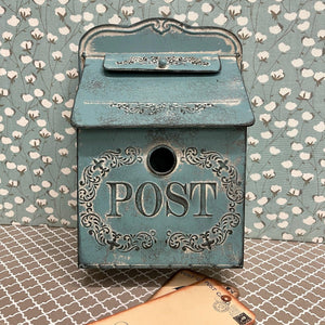 Metal blue Hanging Mailbox with mail slot and scroll work