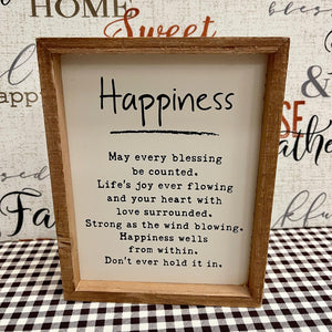 "Happiness" Box Sign with wood frame.