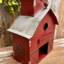 Load image into Gallery viewer, Large red Metal Birdhouse with farmhouse features.
