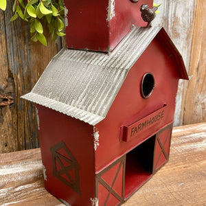 Large red Metal Birdhouse with farmhouse features.