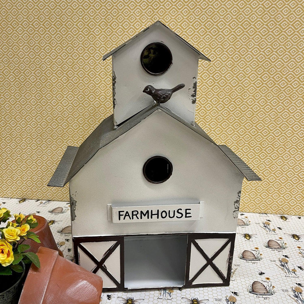 Large white Metal Barn Birdhouse with charming details including a little bird perched on the roof.
