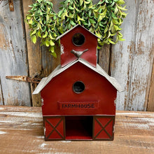 Load image into Gallery viewer, Large red Metal Barn Birdhouse with charming details including a little bird perched on the roof.