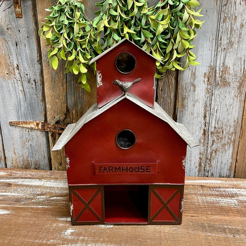 Large red Metal Barn Birdhouse with charming details including a little bird perched on the roof.