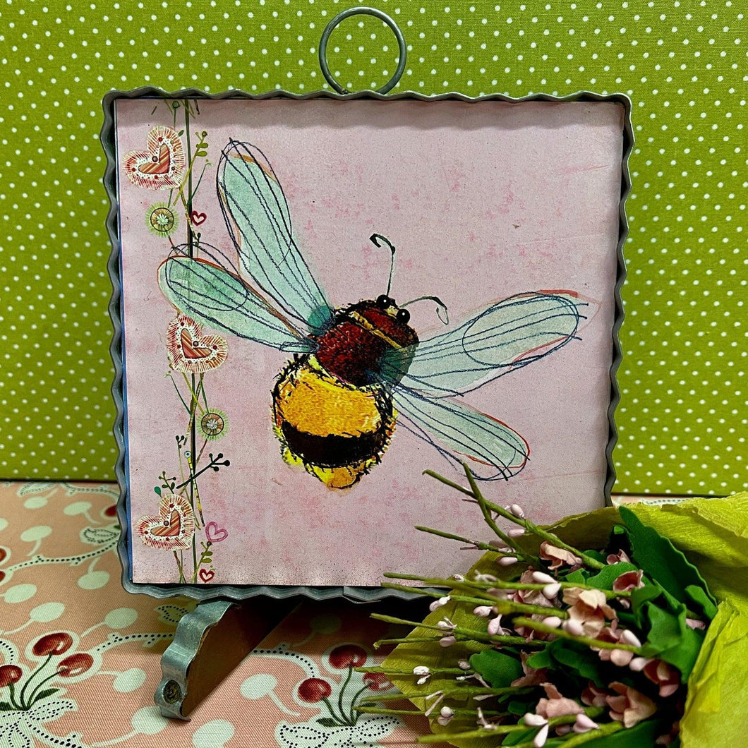 Lovely Bumblebee print with corrugated metal frame.