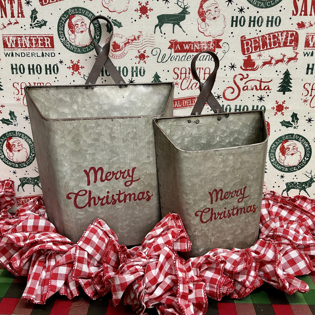 Metal Merry Christmas wall buckets with loop hangers 