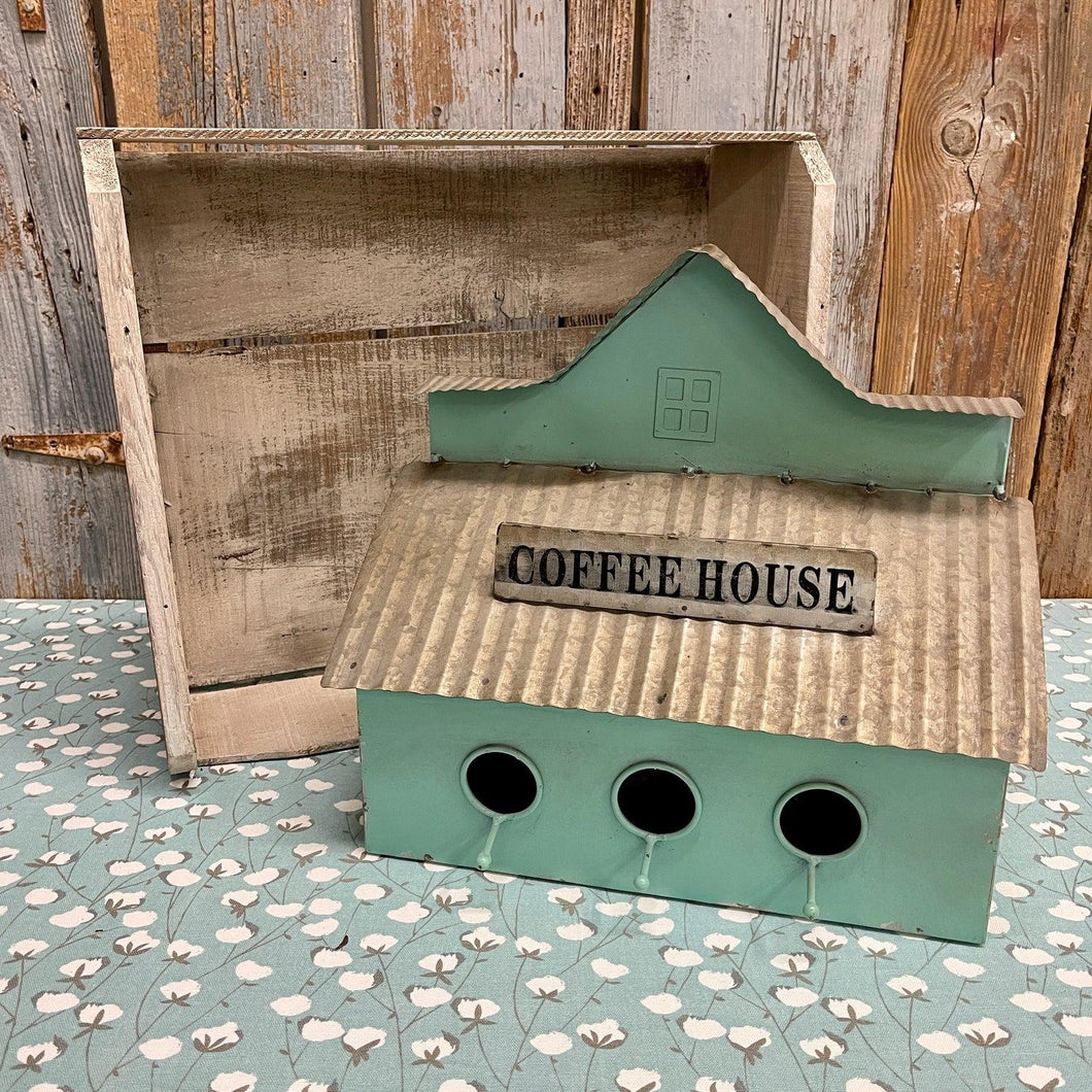 Coffee House metal birdhouse with hanger and hinged door