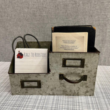 Load image into Gallery viewer, Metal Desktop Organizer with three bins, name slots and handle with office accessories.