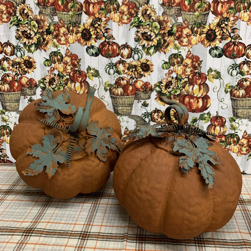 Metal pumpkin with realistic leaves and stems