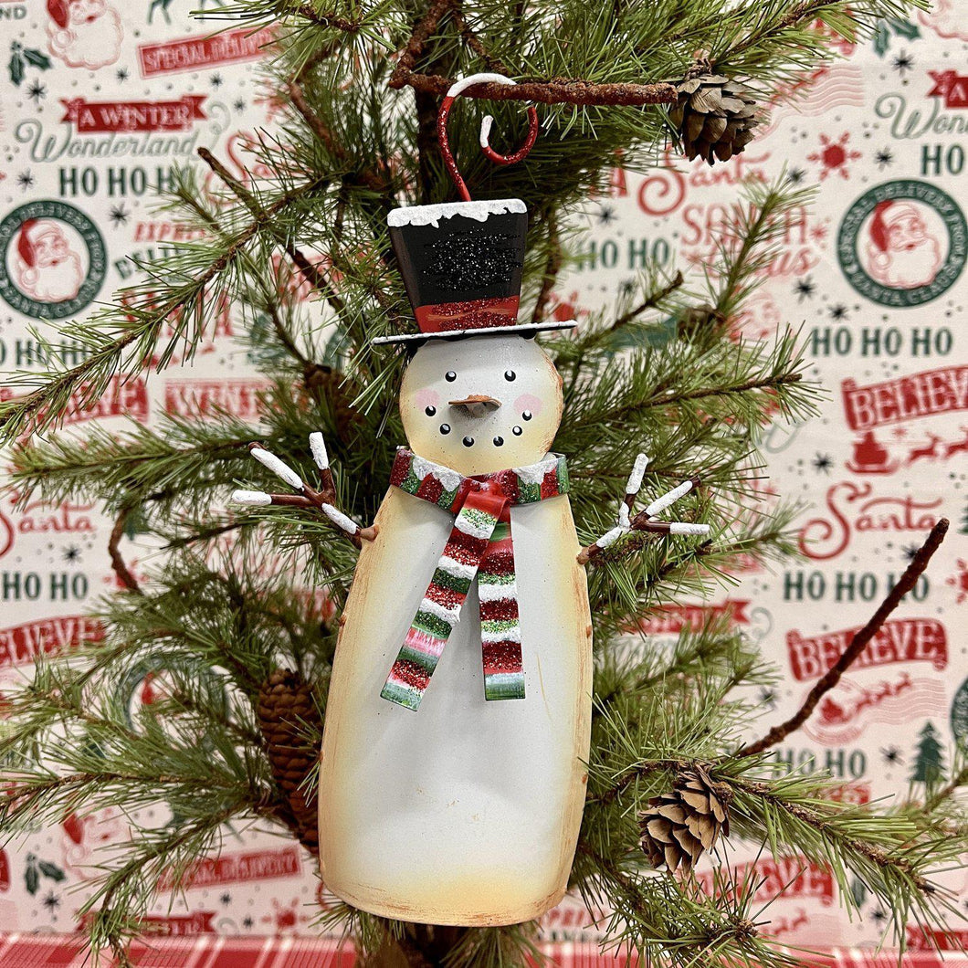 Metal snowman Christmas ornament with a jingle bell