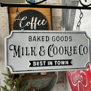 Enamel, hanging Milk & Cookies Sign in black and white with
bracket.