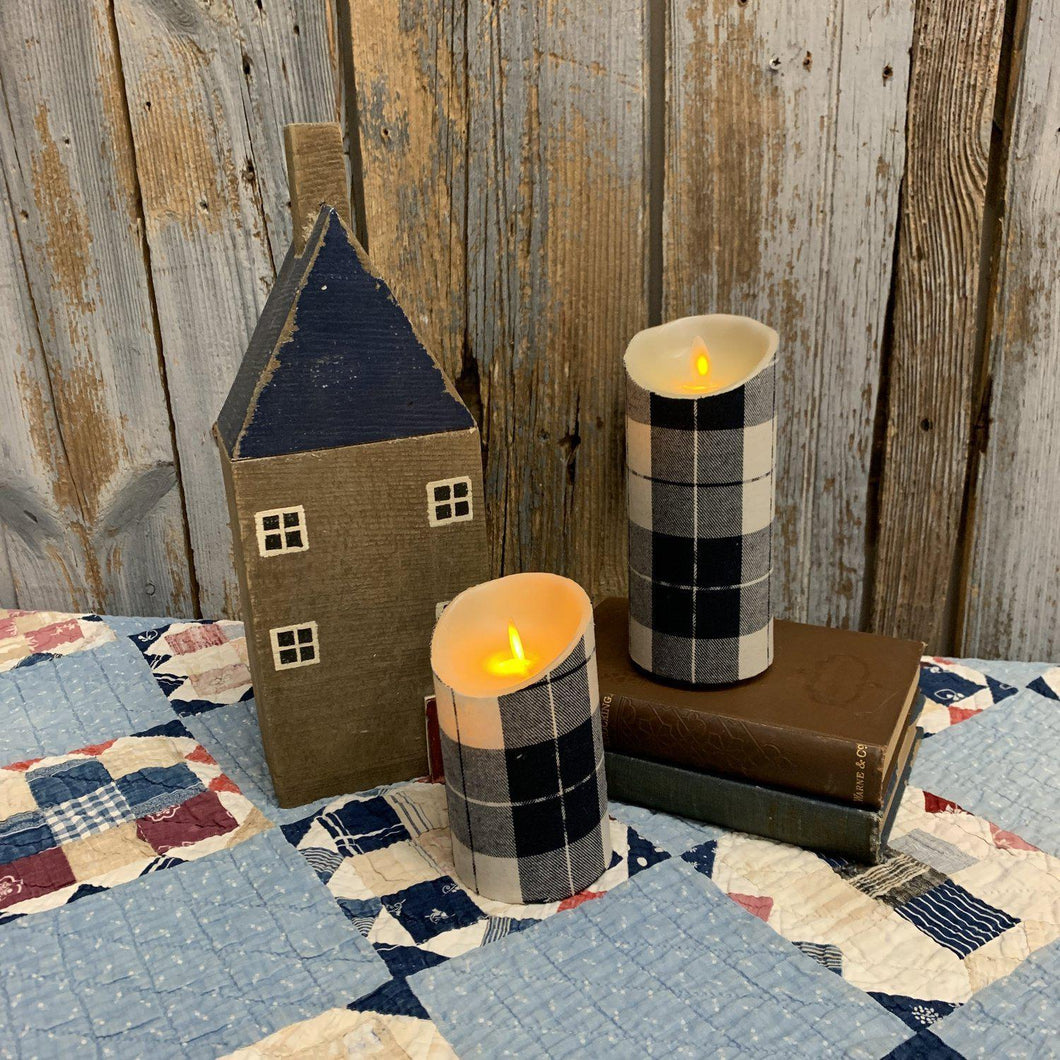 Navy battery flannel wrapped plaid candles