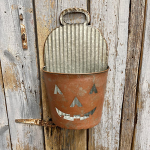 Small painted tin bucket with jack o' Lantern face