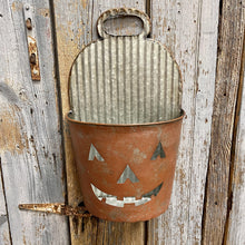 Load image into Gallery viewer, Large painted tin bucket with jack o&#39; Lantern face