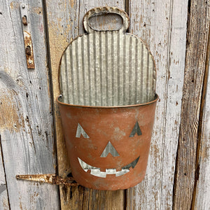 Large painted tin bucket with jack o' Lantern face