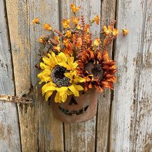 Load image into Gallery viewer, Painted tin bucket with jack o&#39; Lantern face with Fall florals