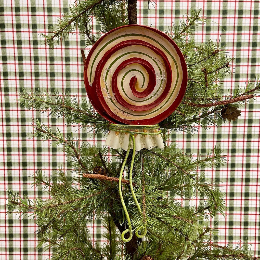 Metal Peppermint Swirl Decor with bright color and sparkle.