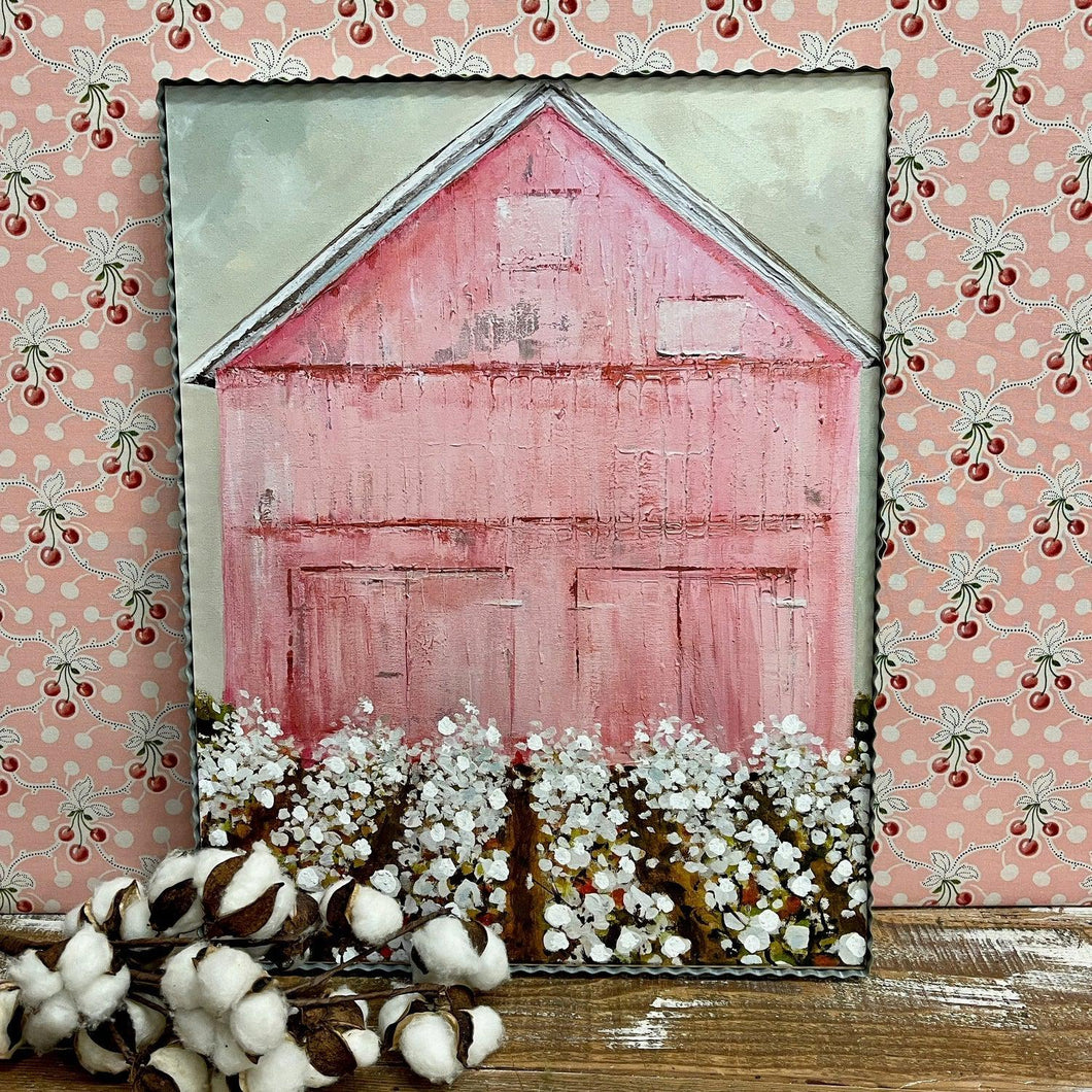 Large Pink Barn Framed Print with muted colors and corrugated metal frame.