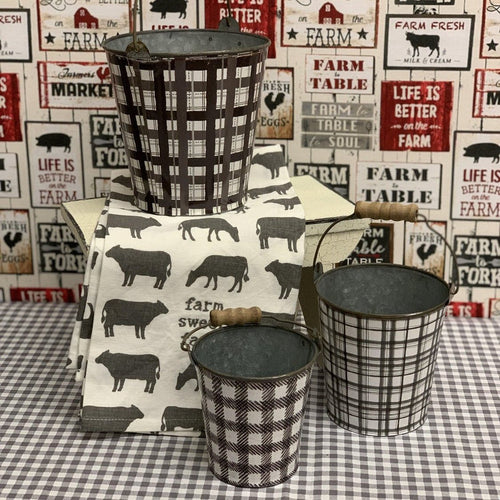 Set of black and white buckets in plaids and checks