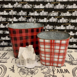 Holiday plaid buckets in red, white and black