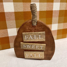Load image into Gallery viewer, Tall pumpkin shelf sitter signs with twine stems and Fall message