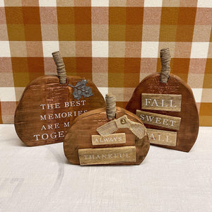 Pumpkin shelf sitter signs with twine stems and Fall messages