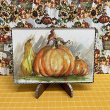 Load image into Gallery viewer, Framed art with pumpkin and cardinal framed in corrugated metal