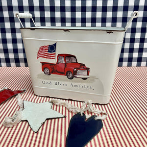 White Summer Bucket with red farm truck and flag.