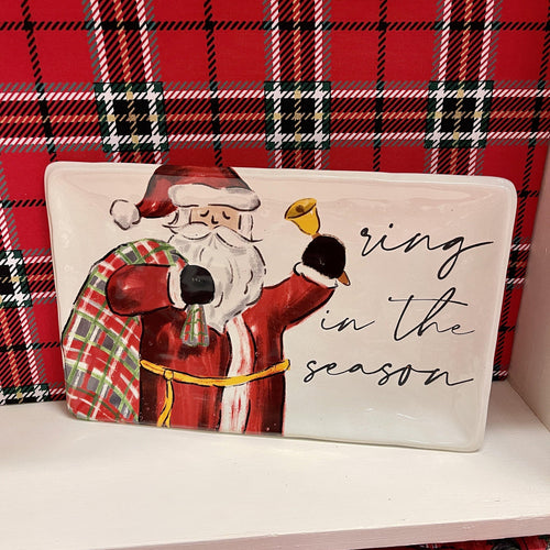 Santa snack plate with his bag of toys and gold bell