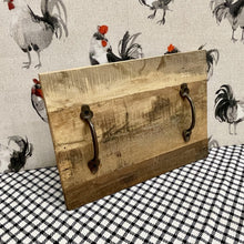 Load image into Gallery viewer, Small rustic reclaimed wood tray with iron handles