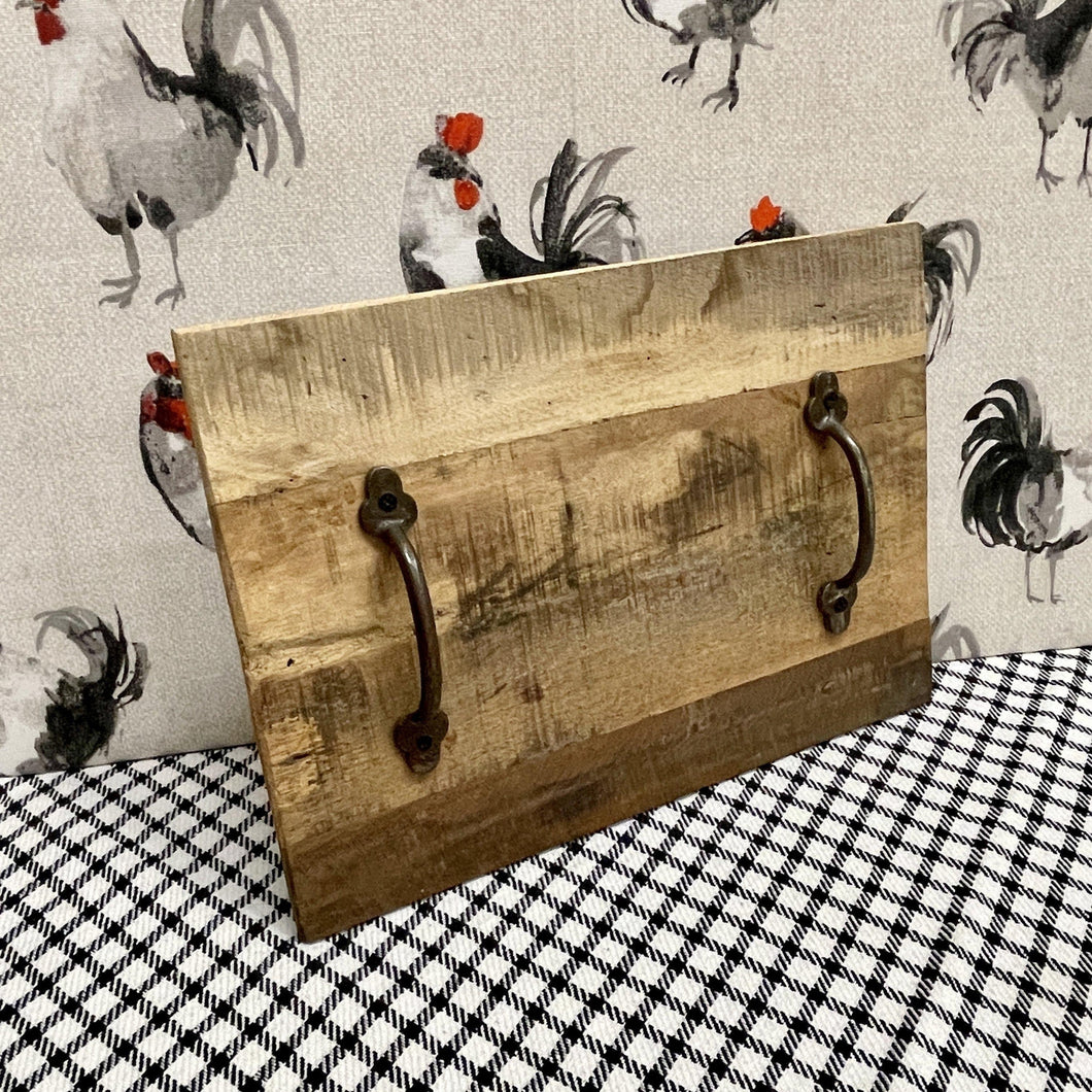 Small rustic reclaimed wood tray with iron handles