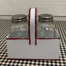 Load image into Gallery viewer, Red trim enamel holder with salt and pepper shakers