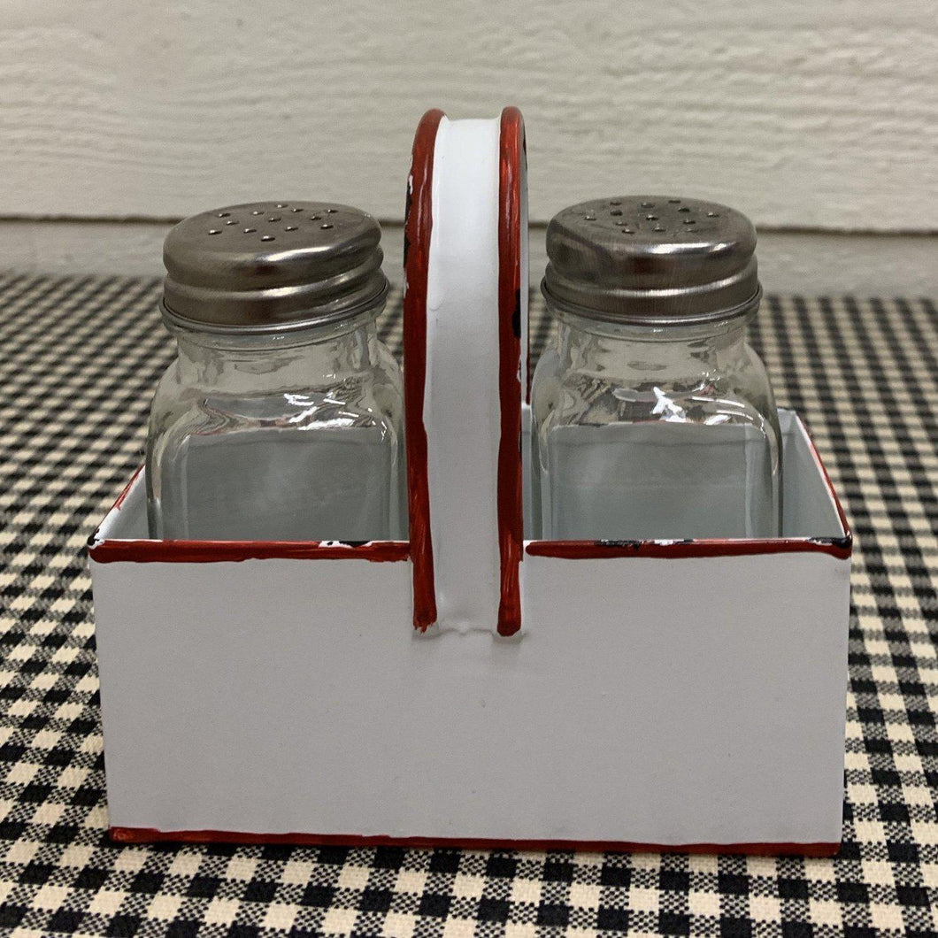 Red trim enamel holder with salt and pepper shakers