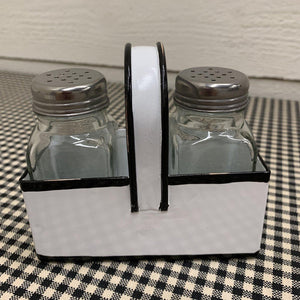 Black trim enamel holder with salt and pepper shakers