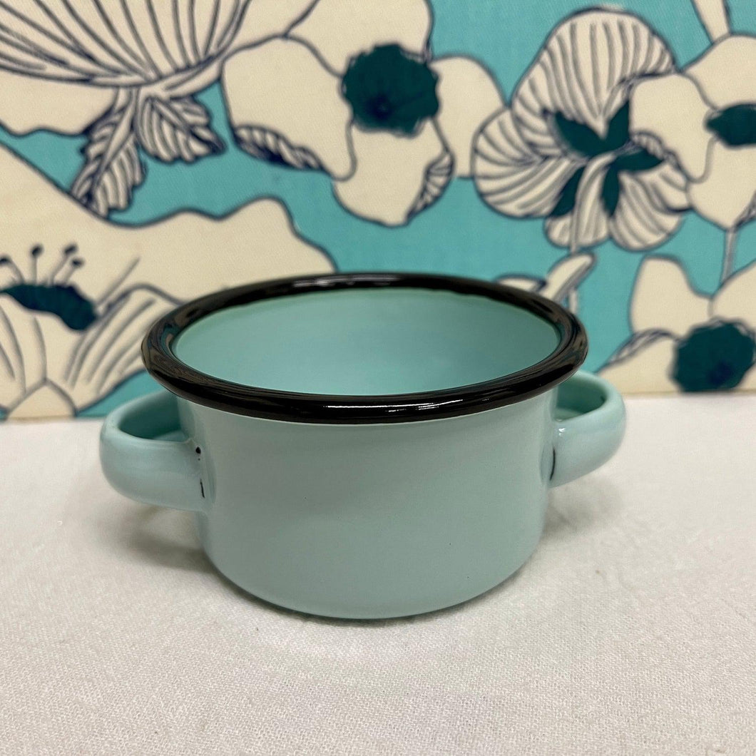 Small duck egg blue enamel serving bowl with handles