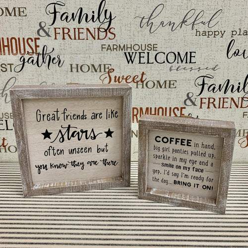 Shadowbox signs with friendship quotes and weathered frames