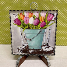 Load image into Gallery viewer, Corrugated metal Framed Spring Print with tulips in aqua bucket.