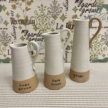 Load image into Gallery viewer, Stoneware Bud Vases with garden theme graphics.