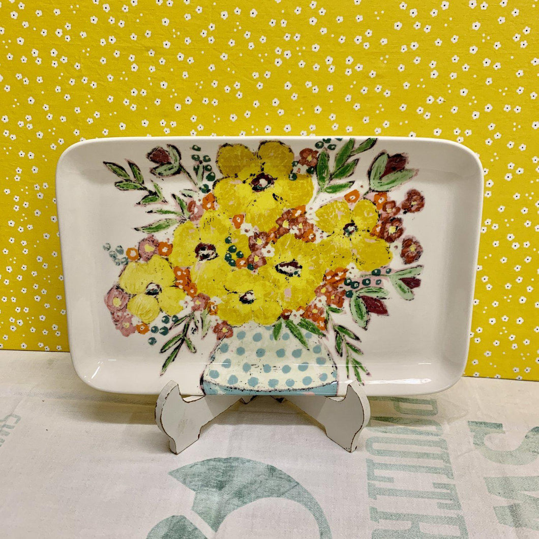 Stoneware Platter with bright yellow flowers in a polka dot vase