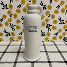 Load image into Gallery viewer, Creamy white Stoneware Vase with handle and &quot;White Cottage Stoneware&quot; lettering.