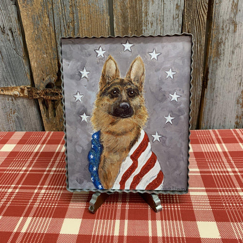 Patriotic framed art print with a K9 hero, flag and stars