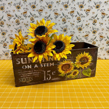 Load image into Gallery viewer, Large colorful metal Sunflower Box with Spring graphics.
