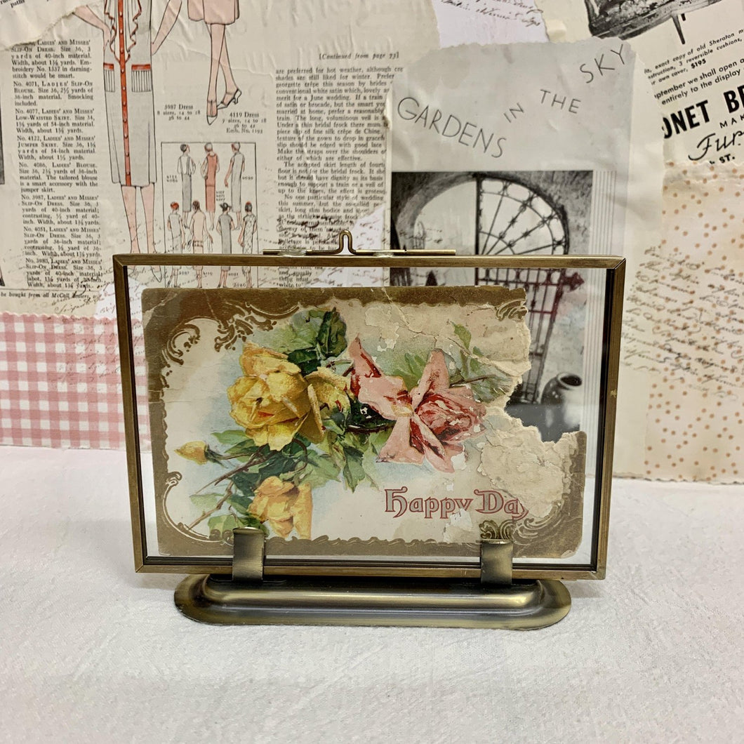 Small picture frame, glass with brass frame and matching stand