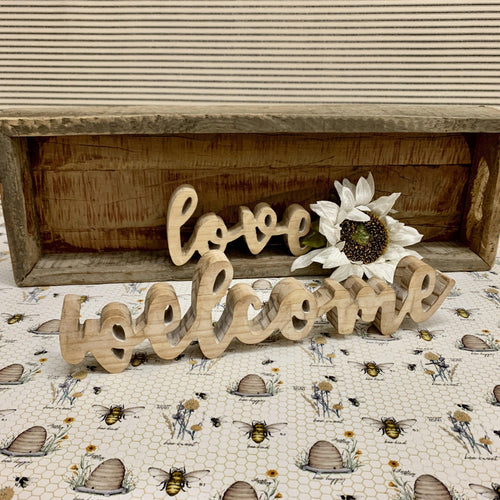 Wood cutout tabletop signs, love and welcome